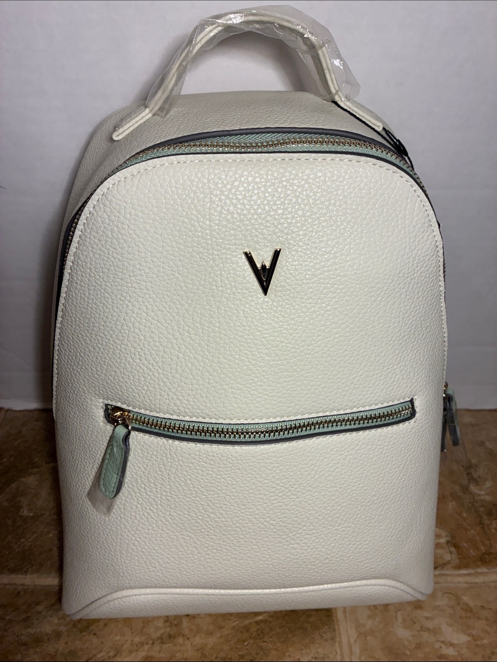 Vanessa Williams Backpack V-Logo White Pebbled Leather Backpack